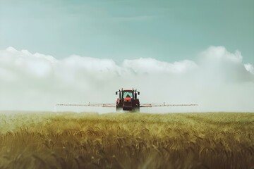 Wall Mural - A tractor spraying pesticides in a vast rural field on a sunny day. Concept Agriculture, Farming, Pesticides, Tractor, Rural Setting