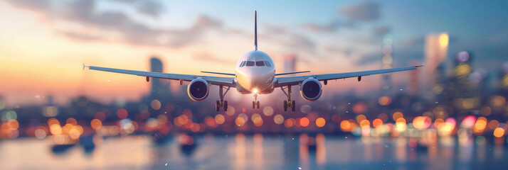  airplane flying over the city, with blurred lights in background, travel and business journey concept. Airplane on air flight with urban skyline at sunset