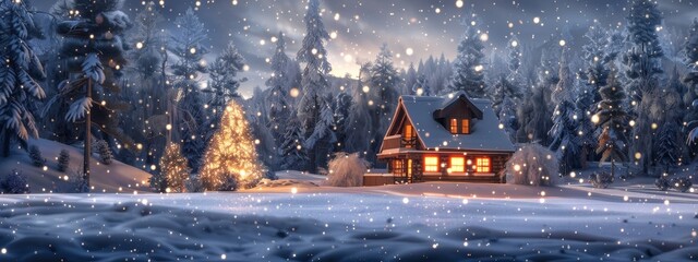 Wall Mural - A peaceful, snowy scene with a cabin and soft, glowing lights inside.