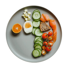 Wall Mural - A plate of food with a variety of vegetables and fruits, including tomatoes, cucumbers, and oranges