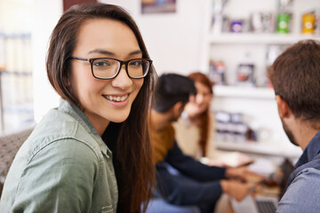 Poster - Woman, portrait and work break room in a office with workplace, smile and happy with coworkers. Staff, worker and relax creative team at the company coffee shop with entrepreneur and conversation