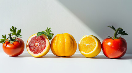 Wall Mural - A row of colorful citrus fruits and ripe tomatoes against a clean, white background, with dramatic shadows.