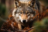 Fototapeta Do akwarium - Iberian wolf exploring dense forest., generative IA