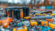 Pile of Used Batteries, Concept of Recycling and Environment, Energy and Power Waste