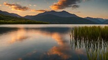 Sunset At Lake Mountain With Perfect Reflection Nature Landscape 4k HDR
