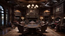 Lavish Residential Poker Parlor With Fireplace Inglenooks, Coffered Ceilings, Leather Topped Game Tables, And Clubby Aesthetic