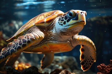 Marine turtle feeding on algae in the ocean., generative IA