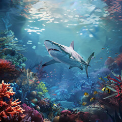 Wall Mural - Shark in a coral reef with corals and fish