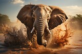 Fototapeta  - African elephant raises dust in bath ritual., generative IA