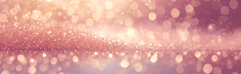 Banner. Rose golden bokeh glitter texture background, rose gold, bright and pink champagne sparkle glitter pattern background. Copy space.