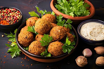 Wall Mural - Top View of Delicious Falafel, Arabic Food, Aromatic Spices on Black Background