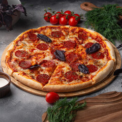 Wall Mural - Classic pepperoni pizza with basil