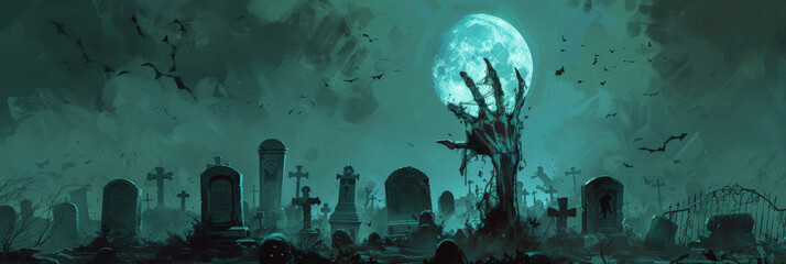 halloween background, Hand of the zombie coming out from ground on  full moon night sky with fog and tombstones background, scarry night horror, banner