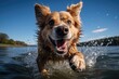 Dog jumping happily in a lake., generative IA