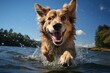 Dog jumping happily in a lake., generative IA
