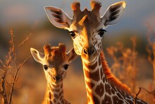 Mother And Puppy Giraffes Love And Protection In The Savannah., Generative IA