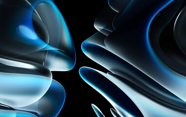 Wall Mural - 3d render of abstract art parts of surreal alien flower in curve wavy round and spherical lines forms in transparent plastic material with glowing azure blue and white color core on black background