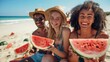 Friends enjoying watermelon on a sunny beach day