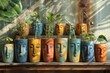 Collection of plant pots, adorned with a distinct human face, artistically painted and arranged on a rustic wooden shelf