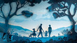 Silhouette of a family walking together in nature, depicted in a layered paper art style.