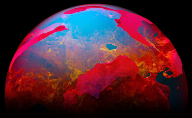 Wall Mural - 3d render of abstract art 3d glass ball or sphere planet with translucent rough metal rock object with big cracks in the middle with glowing red orange and blue color light inside on black background