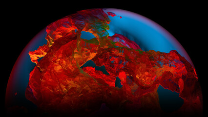 Wall Mural - 3d render of abstract art 3d glass ball or sphere planet with translucent rough metal rock object with big cracks in the middle with glowing red orange and blue color light inside on black background