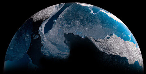 Wall Mural - 3d render of abstract art part of 3d blue glass ball or sphere planet earth with translucent rough iron metallic rock mineral object inside with big cracks and gaps on isolated black background