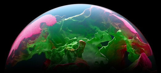 Wall Mural - 3d render abstract art half of 3d glass ball or sphere planet with translucent rough metal rock object with big cracks in the middle with glowing mystic neon purple green light inside on black