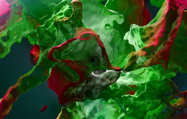 Wall Mural - 3d render abstract art 3d background texture with multilayer rough metal rock stone mountain object with big cracks in the middle with glowing mystic green red light inside on black background
