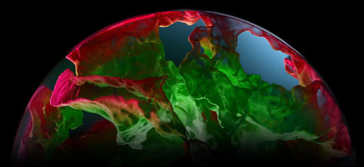 Wall Mural - 3d render abstract art half of 3d glass ball or sphere planet with translucent rough metal rock object with big cracks in the middle with glowing mystic neon purple green light inside on black