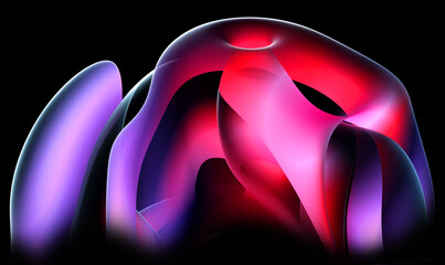 Wall Mural - 3d render abstract art of surreal alien flower in curve wavy round and spherical lines forms in transparent plastic material with glowing purple pink and white color core on black background