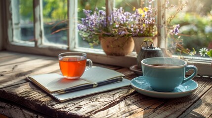 Compose a scene with a steaming cup of herbal tea next to a journal and pen, set on a rustic wooden table with a window view of a peaceful garden, promoting self