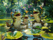 Cute frogs jumping and splashing with joy at a lily pond