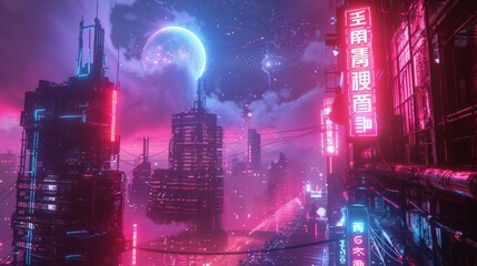 Wall Mural - a sci-fi urban landscape that merges neon-lit virtual architecture with realistic night skies, aiming for a cyberpunk aesthetic that appeals to video game designers and sci