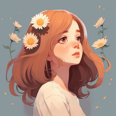 Wall Mural - Profile picture of girl with flowers. AI Generative of anime cartoon style of a young gorgeous girl minimal illustration. 