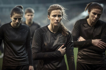 Wall Mural - womens soccer football sports players Dejected down looking sad unhappy after losing game or penalty shoot out in the match stadium depressed knocked out of league cup tournament black kit