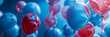Pastel background with balloon bunch for gender reveling theme. Blue and red balloons floating, ambient light