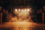 Fototapeta  - The dark room of the theater with spotlights and smoke, in a vintage retro style, empty stage for a show or presentation Generative AI
