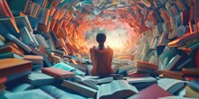 Woman Sitting On Book Tunnel 