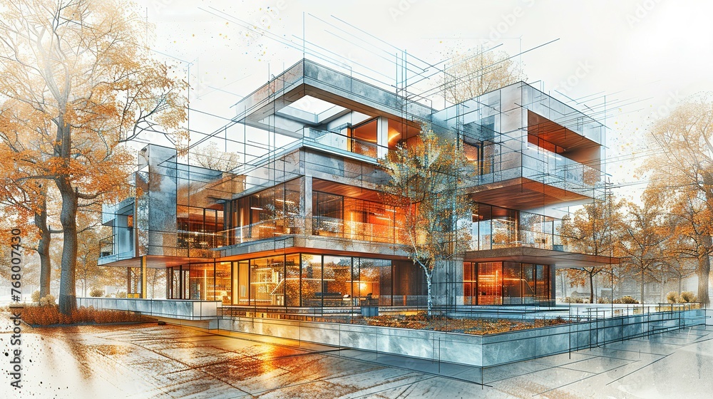 Smartbuilding Instrument Drawing Design concept of a smart building. Engineering of smart building's ...