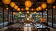 An authentic Japanese restaurant scene featuring traditional wooden décor, low tables with floor seating, and paper lanterns casting a warm glow, inviting patrons to savor the flavors of Japan
