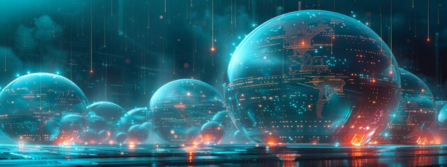 Wall Mural - Cyber defense mechanisms visualized as a series of digital domes protecting data, with a serene space for detailed text.