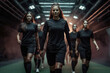 womens soccer football players A pre or post match shot entering or leaving stadium tunnel before after match dramatic tension builds from result of league cup tournament game black kit