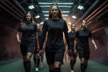 Wall Mural - womens soccer football players A pre or post match shot entering or leaving stadium tunnel before after match dramatic tension builds from result of league cup tournament game black kit