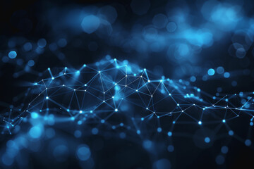 abstract technology network of glowing blue mesh or interwoven lines on a dark background.