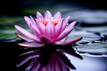 Wall Mural - A beautiful pink flower is floating on the surface of a pond.