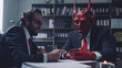 A business executive meeting with Satan in a corporate office,