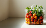 Fototapeta Konie - Transparent shopping bag with vegetables on table with sunshine. Healthy lifestyle and clean eating concept