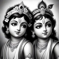 Sweet Childhood Moments: Black and White Radha Krishna Illustration