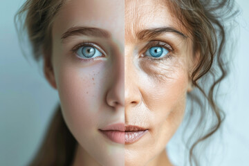 Wall Mural - A woman's face with a blue eye and a girl's face with a blue eye. Beautiful woman's face, half young girl, half old woman. Before and after concept